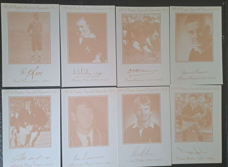 Rugby post cards. Unused. 8 X Springbok legends in sepia. Details: see below