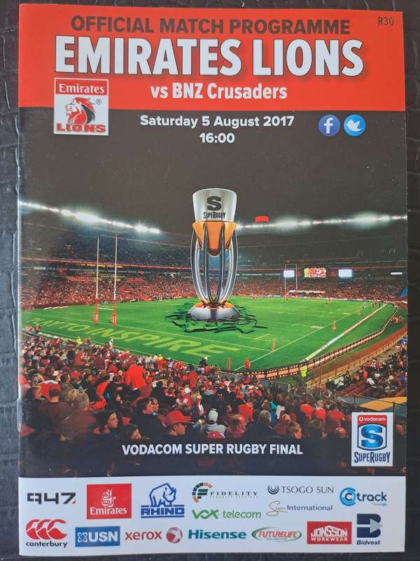 Rugby programme Lions v Crusaders SUPER RUGBY FINAL 5 August 2017 Ellis Park