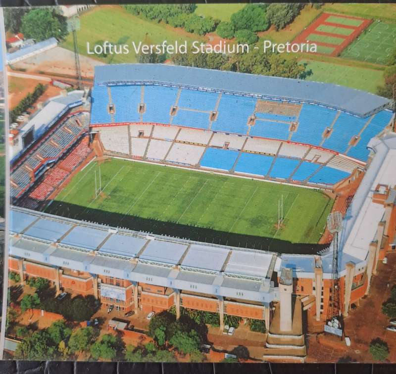 Rugby/soccer stadiums -- Two sets of postcards (joined) depicting SA sport stadiums