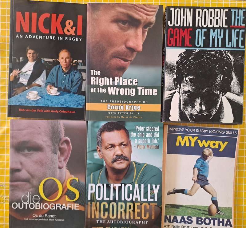 6 X Rugby books. Corne Krige autobiography signed by him.