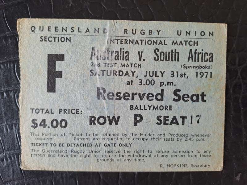 Rugby ticket. Australia v South Africa 31 July 1971 Brisbane. Acid-free repair tape