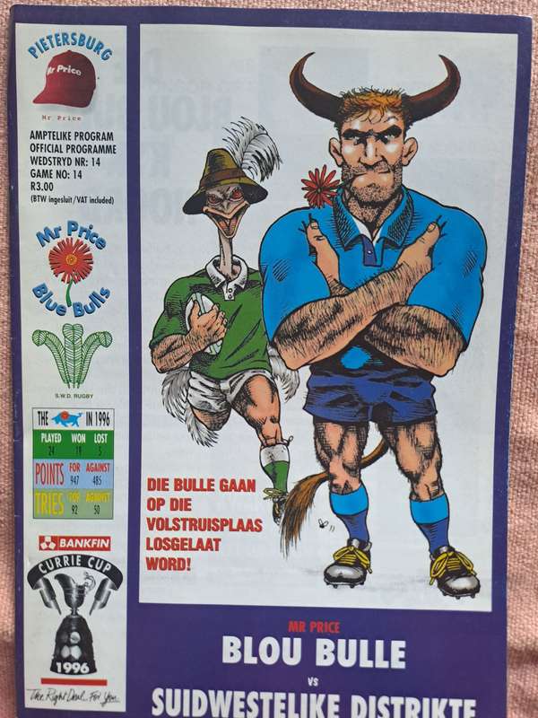 Rugby programme Blue Bulls v South Western Districts 4 Oct 1996 Pietersburg