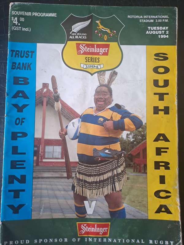 Rugby programme Bay of Plenty vs SA 2 Aug 1994 Water wrinkles to bottom, no text or picture loss