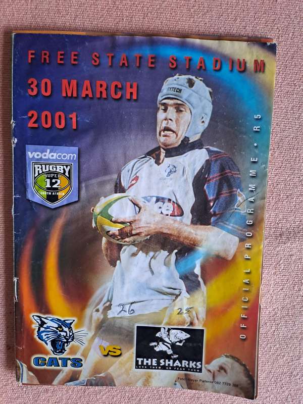 Rugby programme Cats v Sharks 30 March 2001 Bloemfontein (middle page loose)