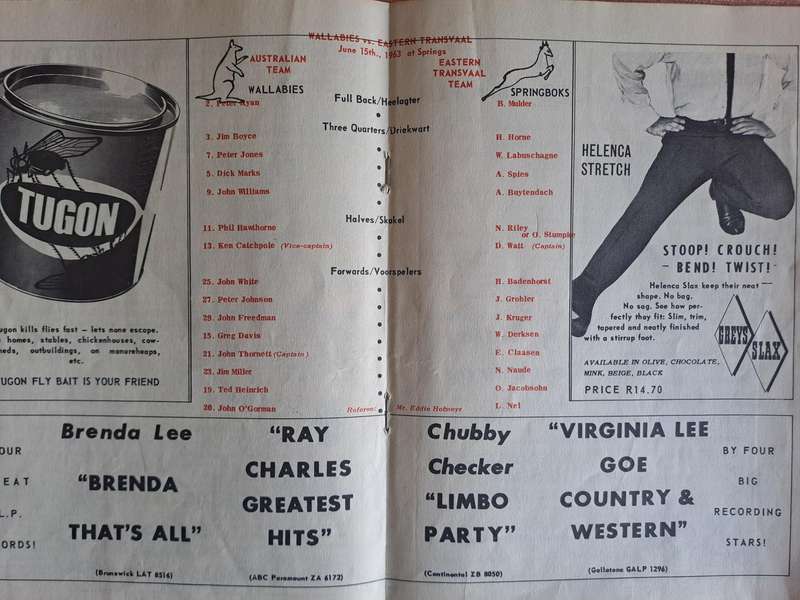 Rugby Souvenir programme. Eastern Transvaal v Wallabies 15 June 1963. See below