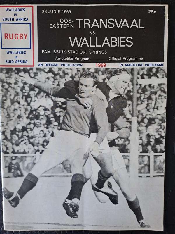 Rugby programme Eastern Transvaal v Wallabies 28 June 1969 Pam Brink 32 pp See description below
