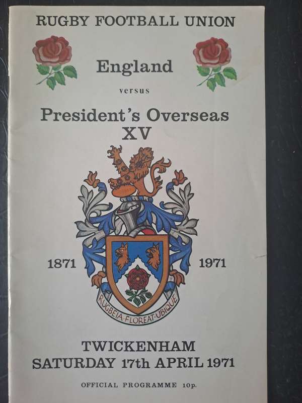 Rugby programme. England v Pres Overseas XV 9 (incl 4 Springboks) English Rugby Centenary 17/4/1971