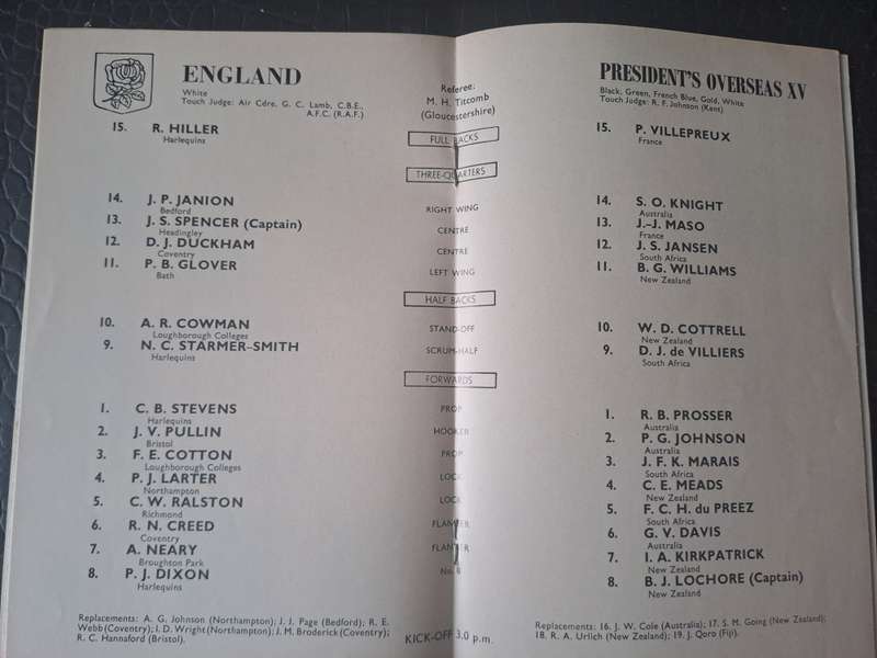 Rugby programme. England v Pres Overseas XV 9 (incl 4 Springboks) English Rugby Centenary 17/4/1971
