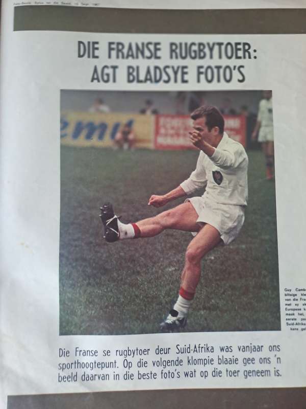 Rugby theme to Foto Beeld. Newspaper magazine. 1967 French to SA 24 pp