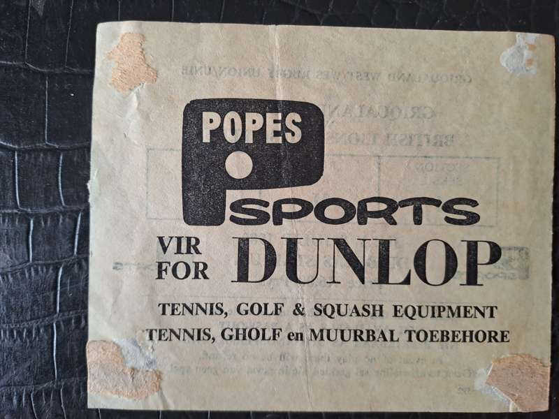 Rugby ticket. Griqualand West v British & Irish Lions 8 July 1980 Kimberley. removed from scrapbook
