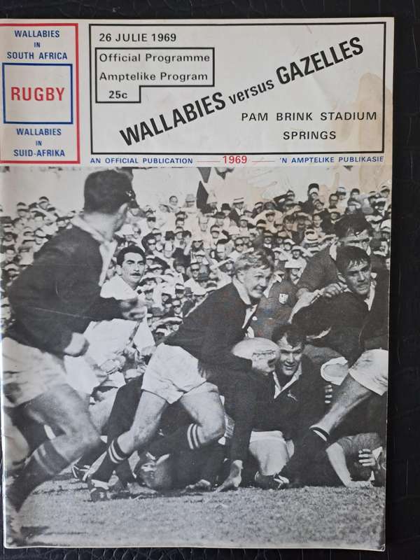 Rugby programme. Gazelles v Wallabies 26 July 1969 Pam Brink, Springs 32 pp See description below