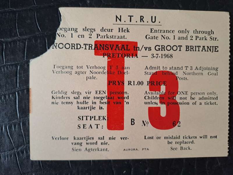 Rugby ticket. Northern Transvaal v British & Irish Lions 3 July 1968 Loftus Versfeld