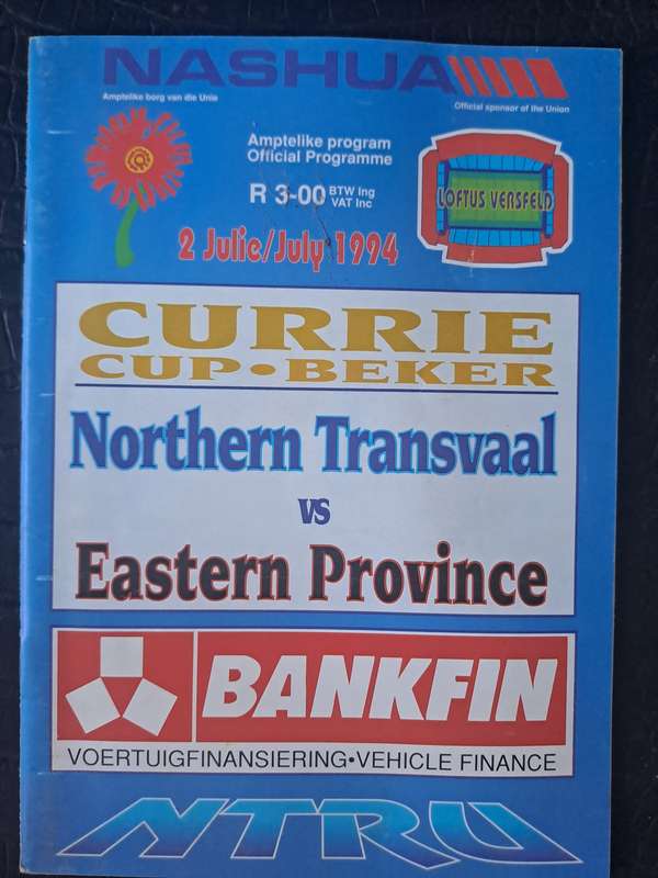 Rugby programme Northern Transvaal v Eastern Province 2 July 1994 Loftus versfeld