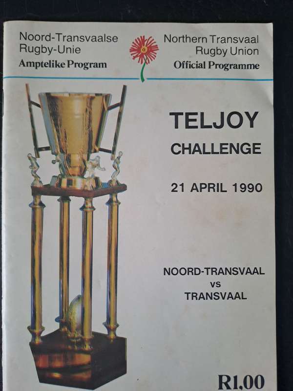 Rugby programme Northern Transvaal v Transvaal Teljoy Cup 21 April 1990 Loftus Versfeld