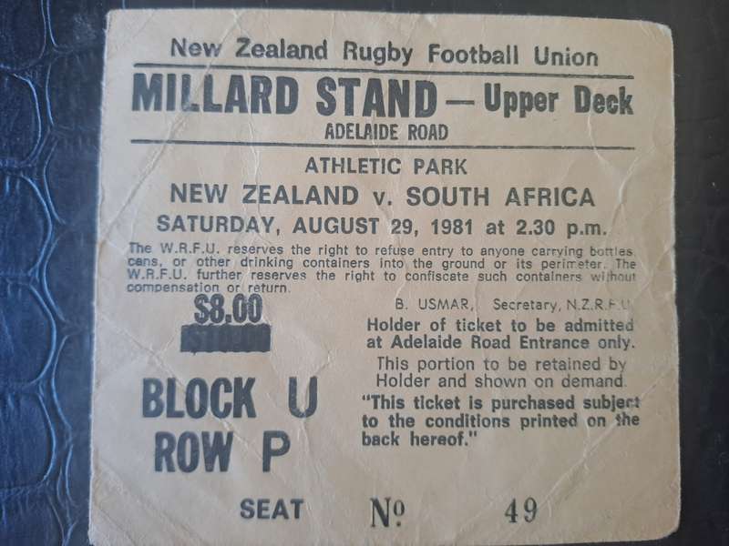 Rugby ticket. New Zealand v South Africa 29 August 1981 Athletic Park