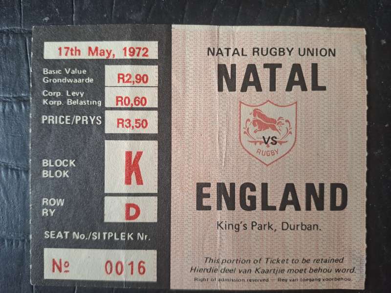 Rugby ticket. Natal v England 17 May 1972