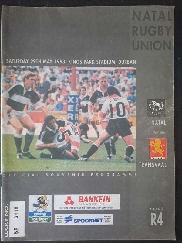 Rugby programme. Natal v Transvaal 29 May 1993 King's Park