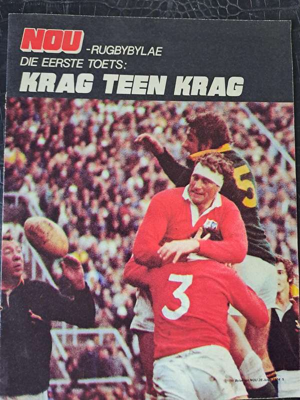 Rugby supplement to "Nou" magazine. Photo report of 1st test SA vs B&IL 1974 Newlands 12pp