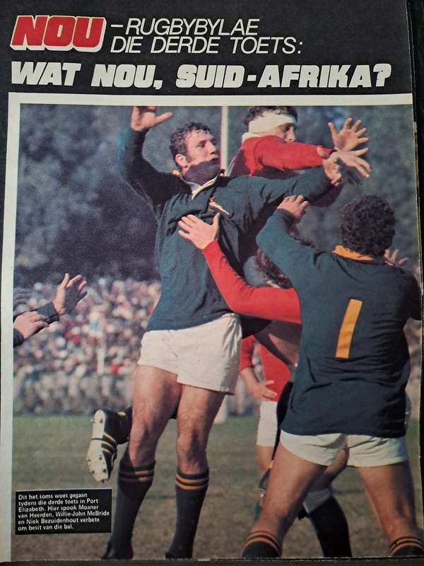 Rugby supplement to "Nou" magazine. Photo report of 3rdt test SA vs B&IL 1974 Boet Erasmus 12pp