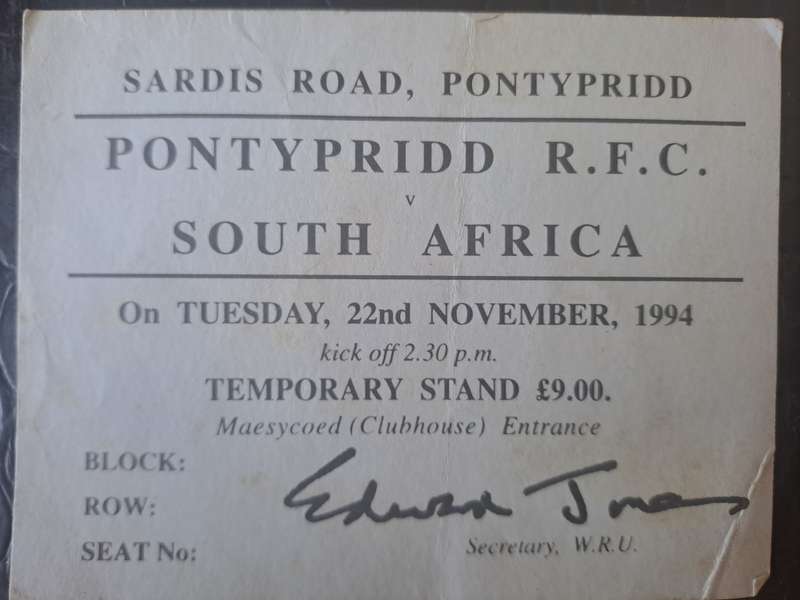 Rugby ticket. Pontpridd  v South Africa 22 November 1994 Sardis Road, Pontypridd