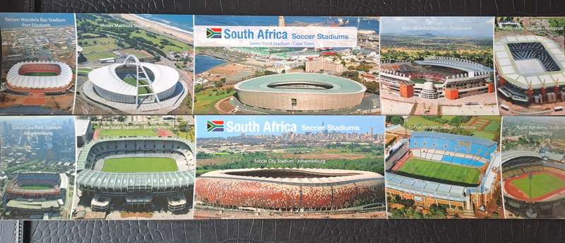 Rugby/soccer stadiums -- Two sets of postcards (joined) depicting SA sport stadiums