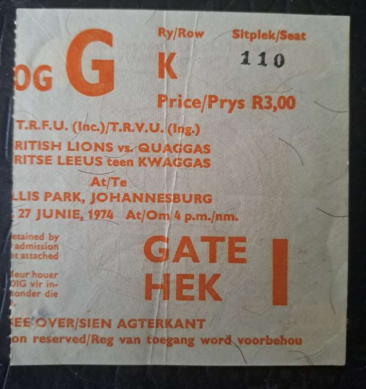 Rugby ticket. Quaggas v British & Irish Lions 27 June 1975 Ellis Park