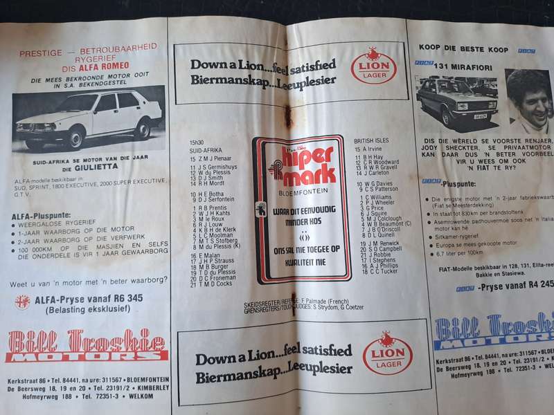 Rugby programme. SA v British & Irish Lions 14 June 1980. Brown stain through-out