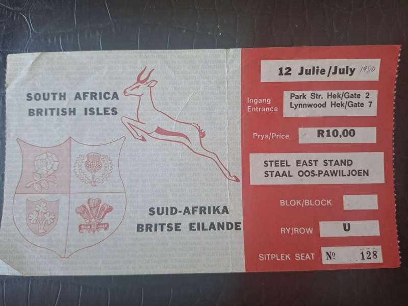 Rugby ticket. South Africa v British & Irish Lions 12 July 1980 Loftus Versfeld