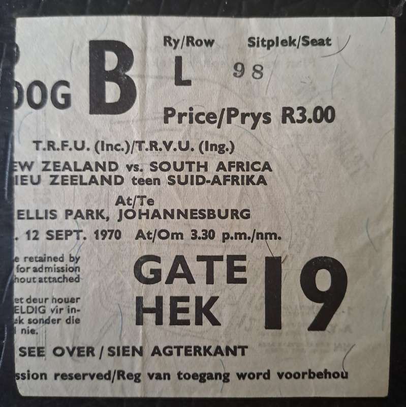 Rugby ticket. South Africa v New Zealand 12 September 1970 Ellis Park
