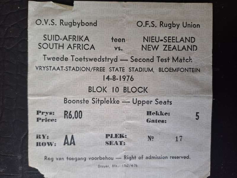 Rugby ticket. South Africa v New Zealand 14 August 1976 Bloemfontein