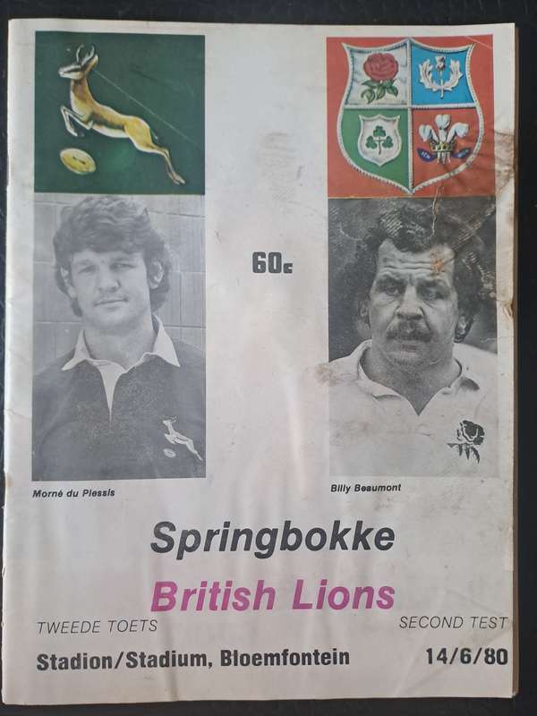 Rugby programme South Africa v British and Irish Lions 14 June 1980 Bloemfontein Dirt mark to f/c
