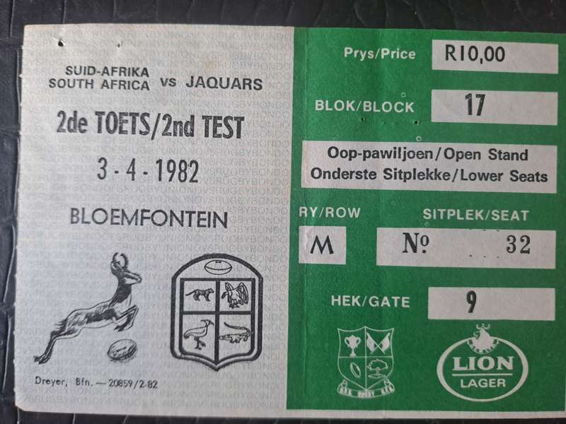 Rugby ticket. South Africa v South America 3 April 1982 Bloemfontein