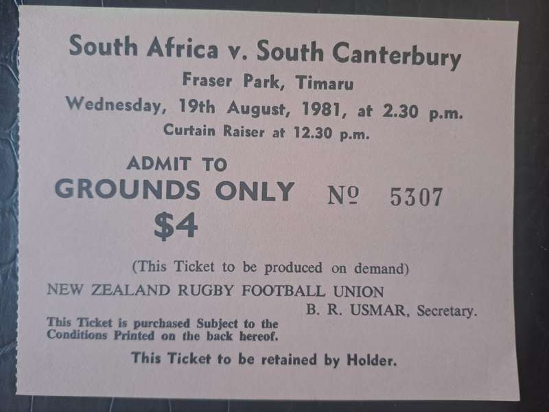 Rugby ticket. South Canterbury v South Africa 19 August 1981 Fraser Park, Timaru