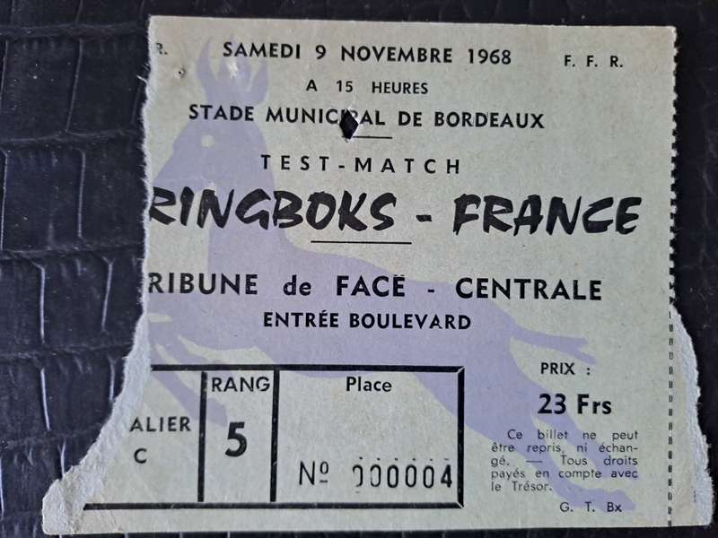 Rugby ticket. France v South Africa 9 November 1968 Bordeaux EXTREMELY SCARCE