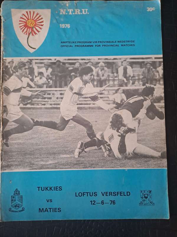 Rugby programme.  TUKS v Maties 12 Jun 1976 Loftus Versfeld. Spine split 2 cm top and bottom
