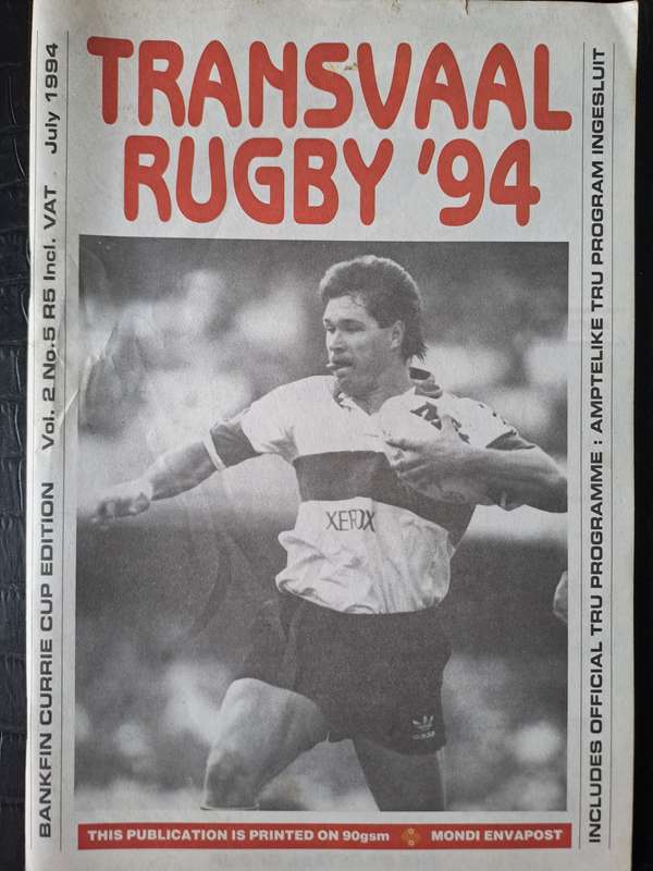 Rugby programme Transvaal v WP 24 July 1993 Ellis Park PLUS itinerary card 1993 CC season