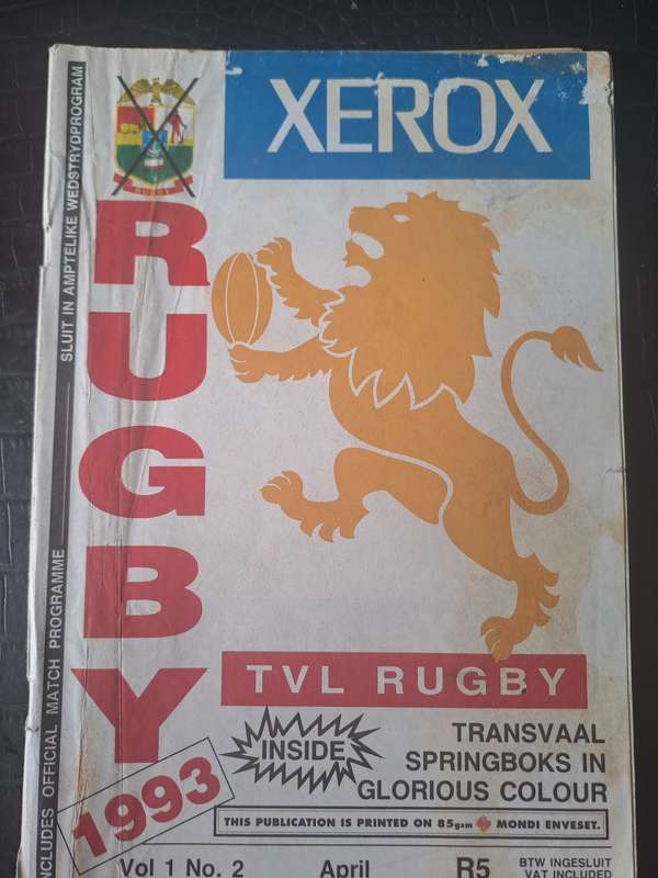 Rugby programme. Transvaal v North Harbour 17 April 1993 Ellis Park. Stain to middle page