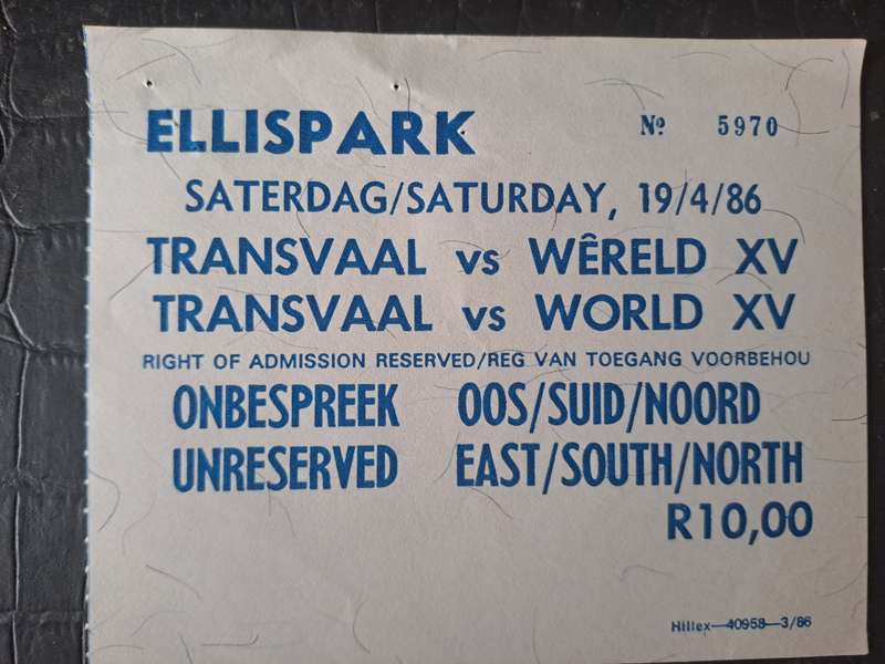 Rugby ticket. Transvaal v World XV 19 April 1986 Ellis Park