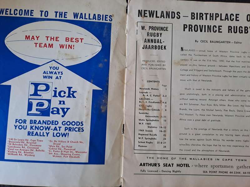 Rugby programme. Western Province vs Wallabies 1969 Newlands. Incorporates WP Annual