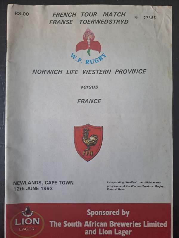 Rugby programme. Western Province v France 12 June 1993 Water wrinkle to top