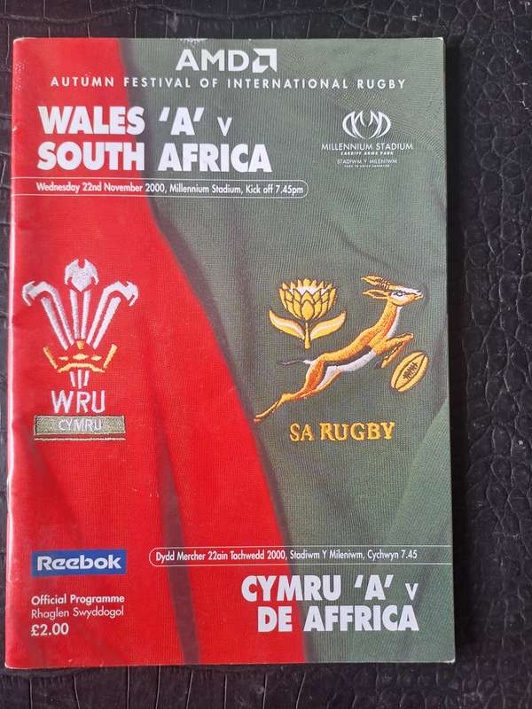 Rugby programme Wales A vs South Africa 22 November 2000 Cardiff
