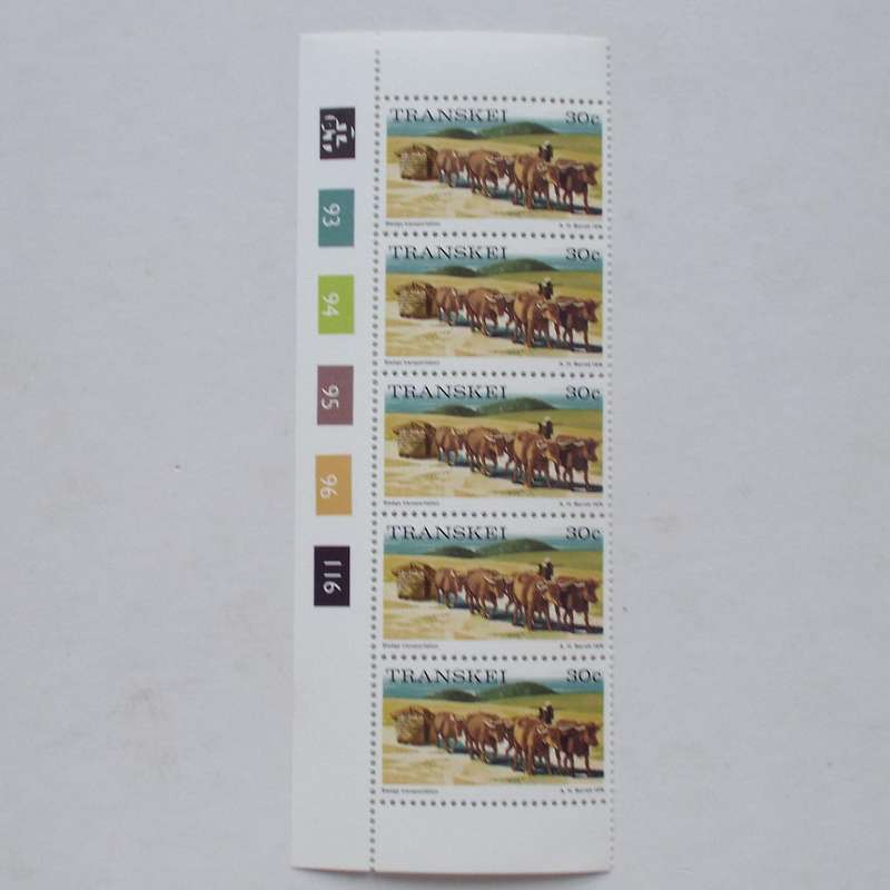 Transkei - 1976 1st Defin Issue - 30c Sledge Transport- Control Strip of 5 - MNH