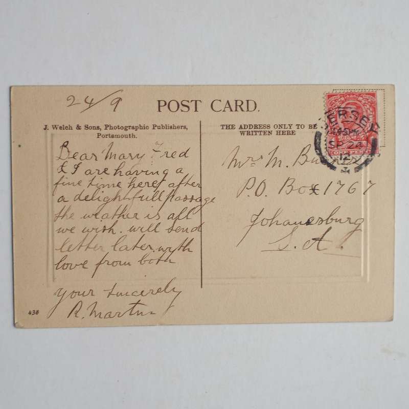 VINTAGE POSTCARD from Jersey to Johannesburg - 1912 with Clear Postmark