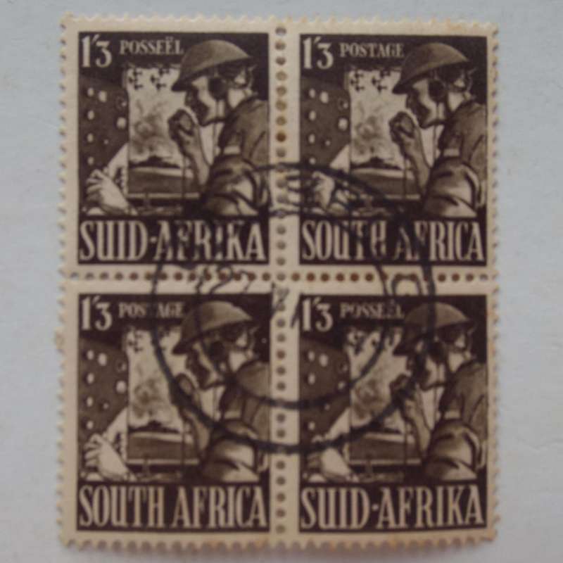 Union - 1943 Additional Value to SA War Effort - 1s3d Olive-Brown "Signaller" - Block of 4 - Used