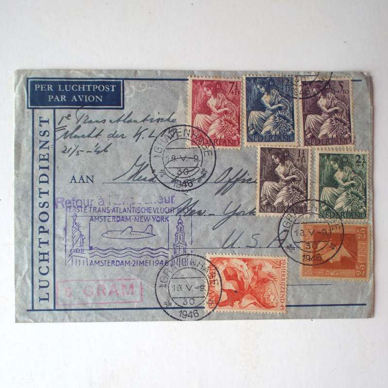 Postal History - 1946 Airmail Cover - First Transatlantic Flight Amsterdam to New York
