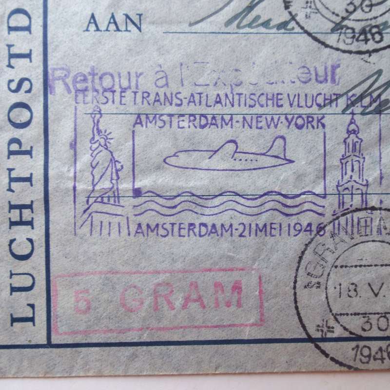Postal History - 1946 Airmail Cover - First Transatlantic Flight Amsterdam to New York