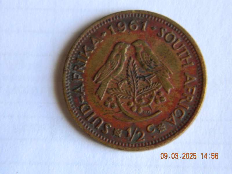 REPUBLIC OF SOUTH AFRICA.     1/2  CENT COIN  -  1961