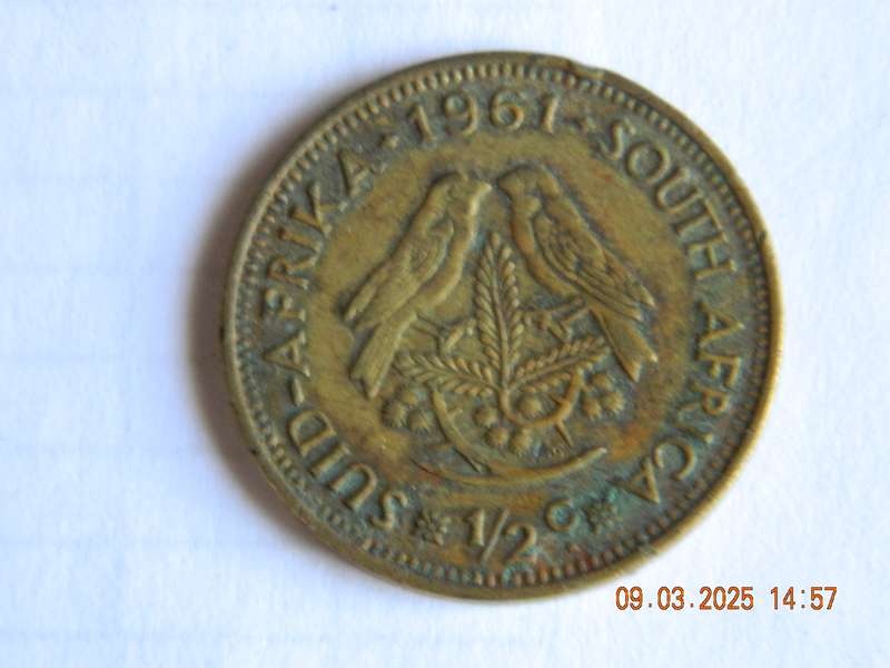 REPUBLIC OF SOUTH AFRICA.     1/2  CENT COIN  -  1961
