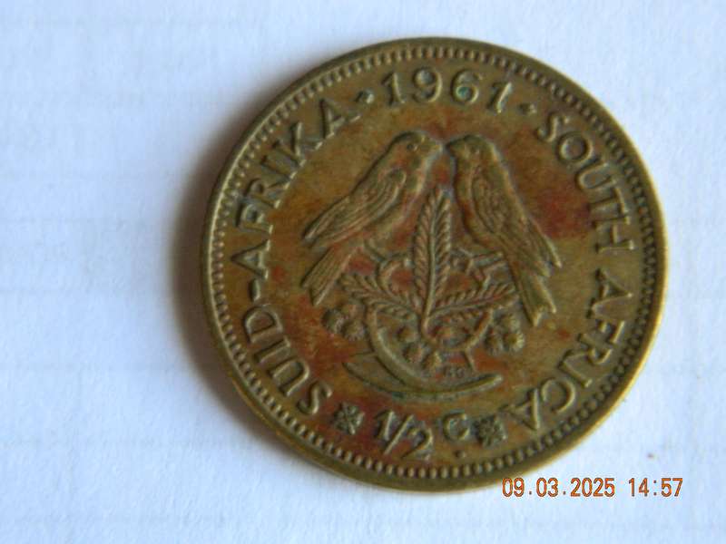 REPUBLIC OF SOUTH AFRICA.     1/2  CENT COIN  -  1961