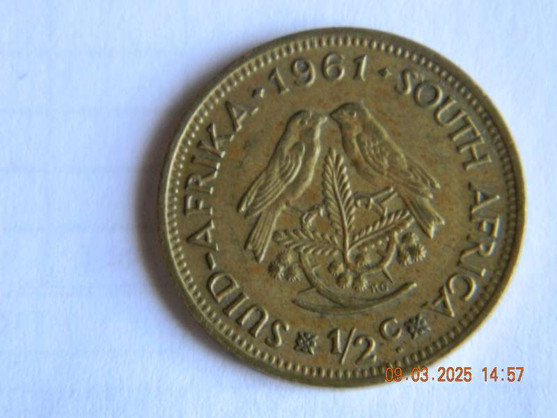 REPUBLIC OF SOUTH AFRICA.     1/2  CENT COIN  -  1961